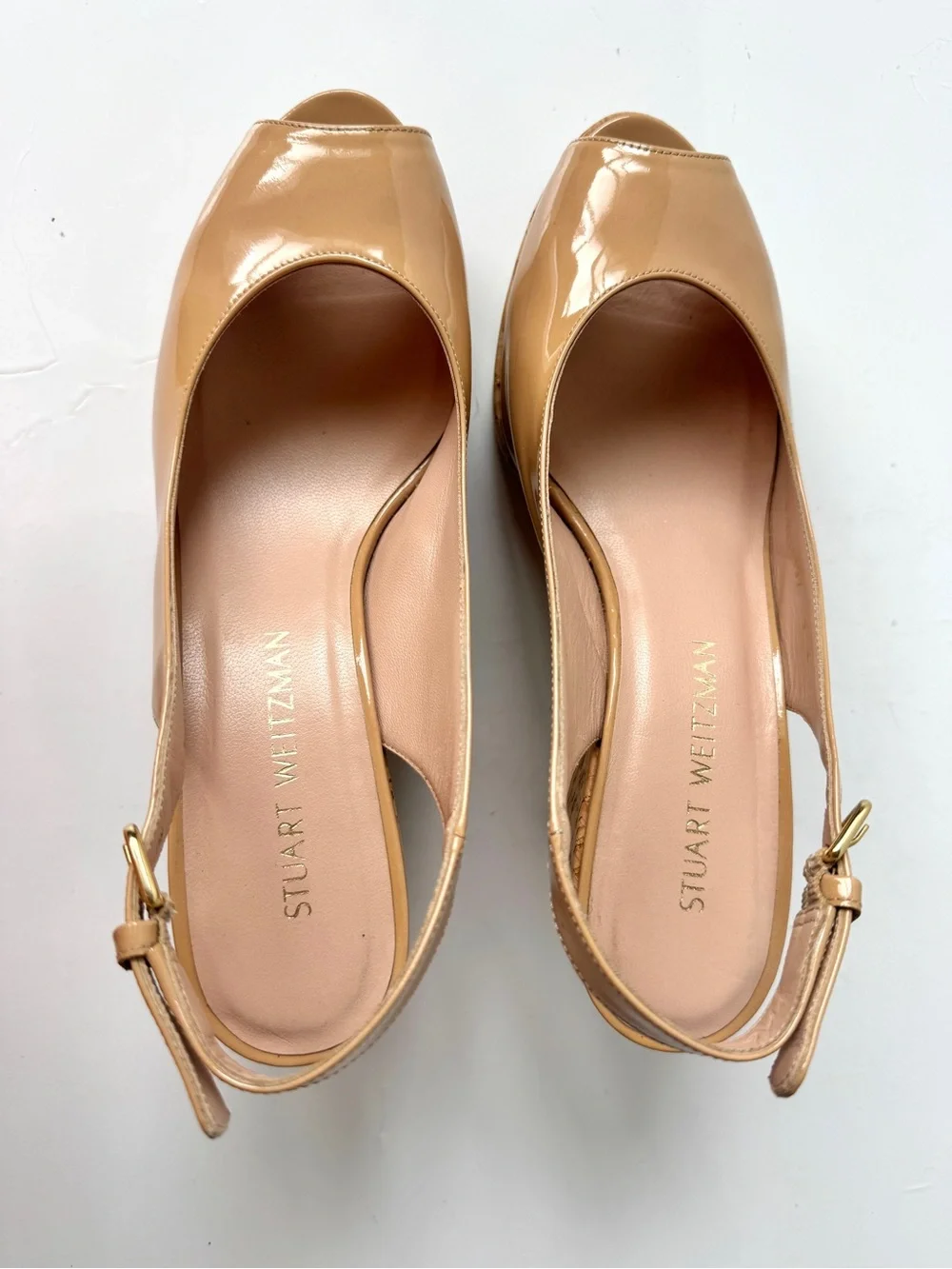 Stuart Weitzman Riviera Nude Patent Slingback Cork Platform Wedge Sandals Size 9